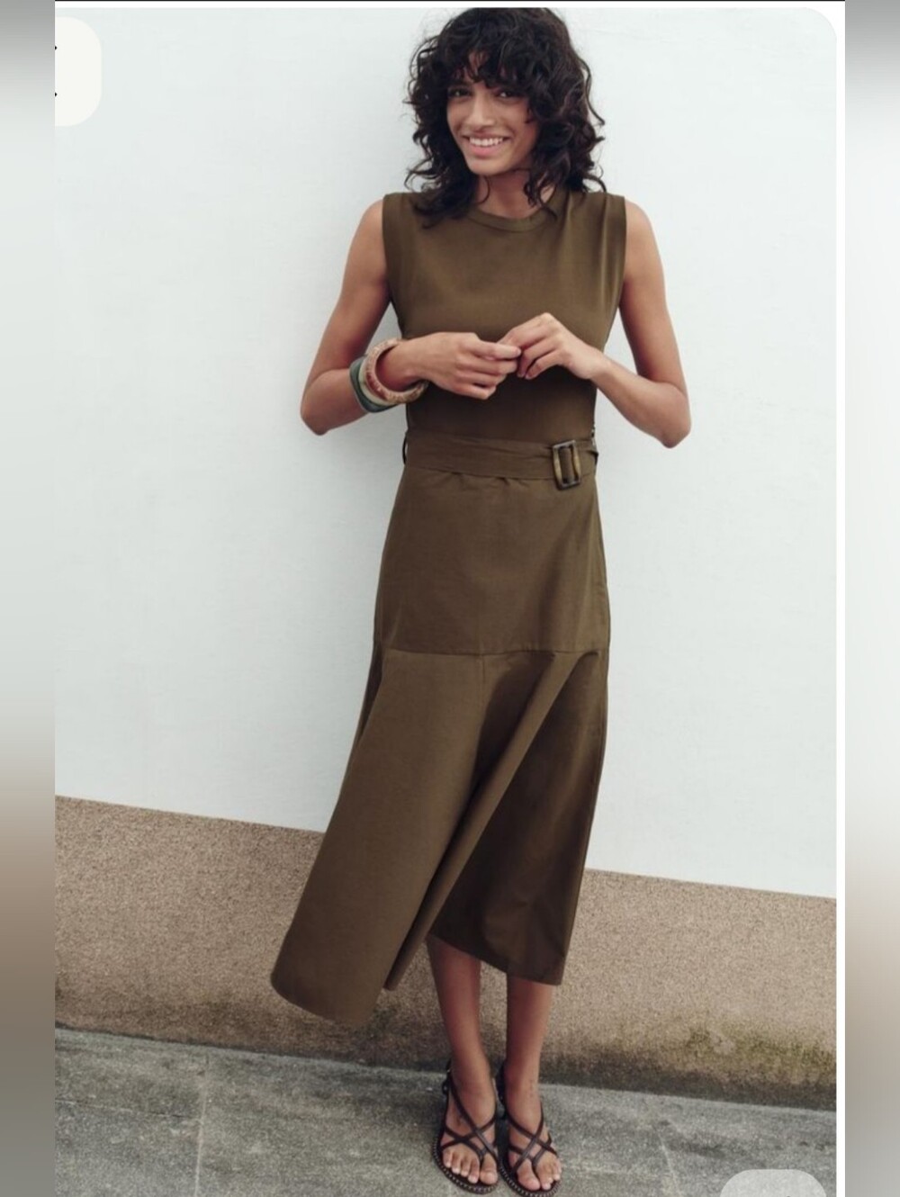 NWT ZARA Khaki Belted Midi Dress - Picture 2 of 6